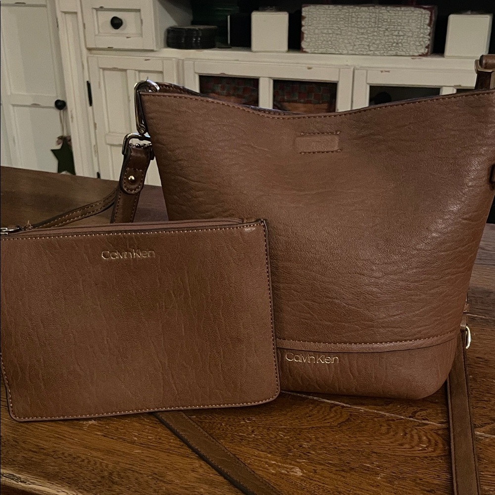 Calvin Klein Brown Leather Reversible Bag with mini bag with gold hardware